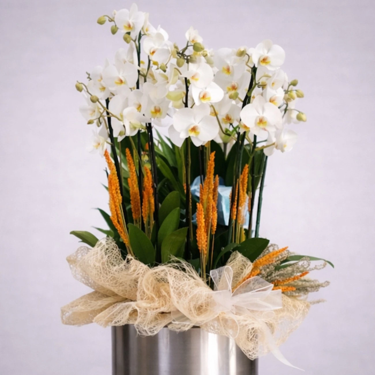 Metalde 10 Dal Beyaz Orkide