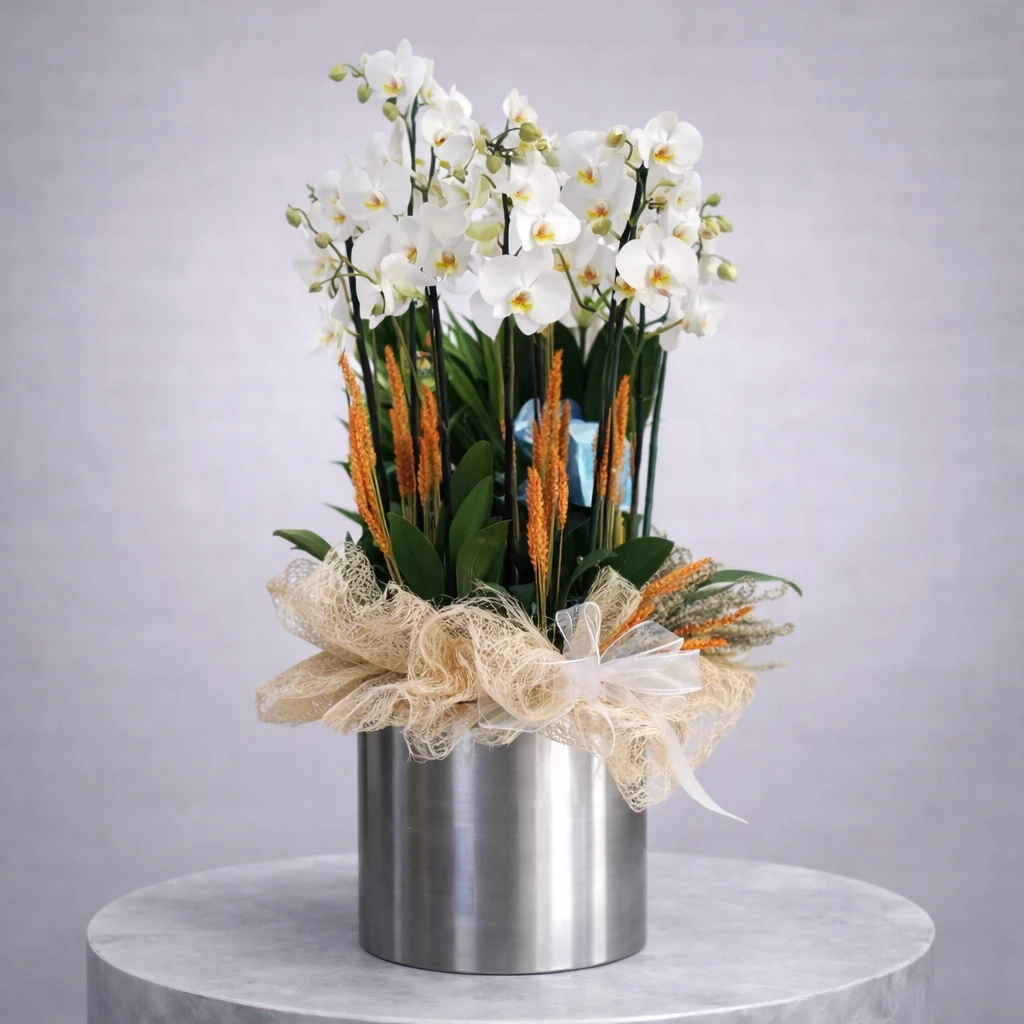 Metalde 10 Dal Beyaz Orkide