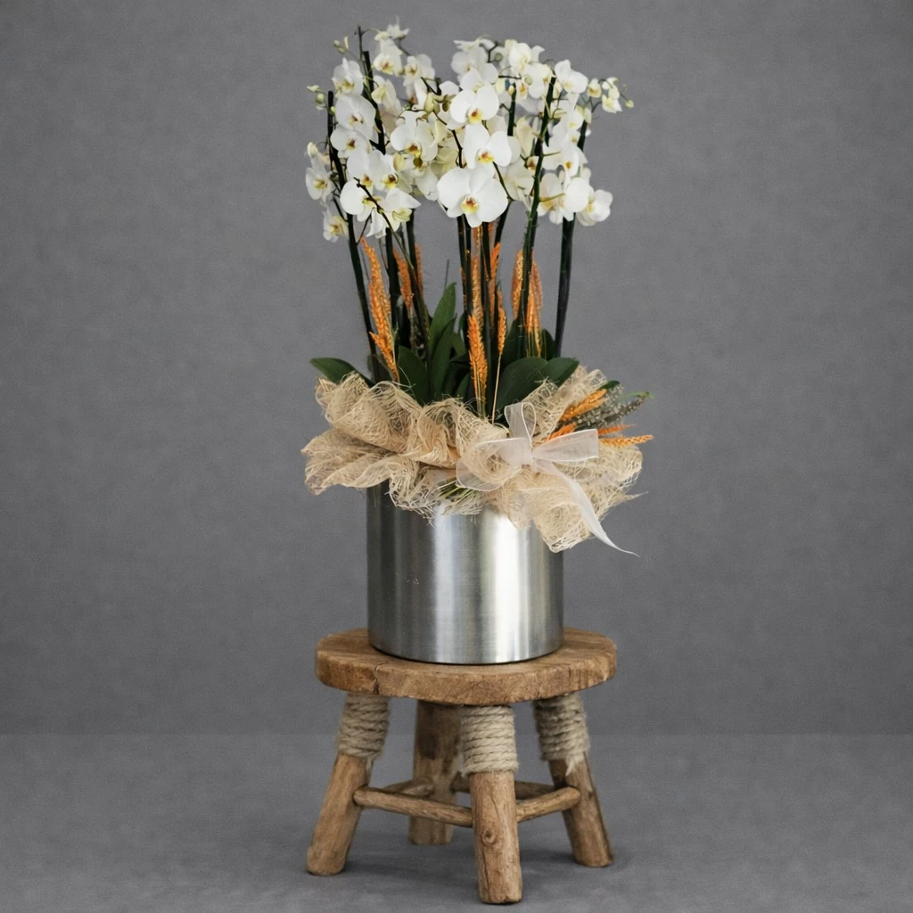 Metalde 10 Dal Beyaz Orkide